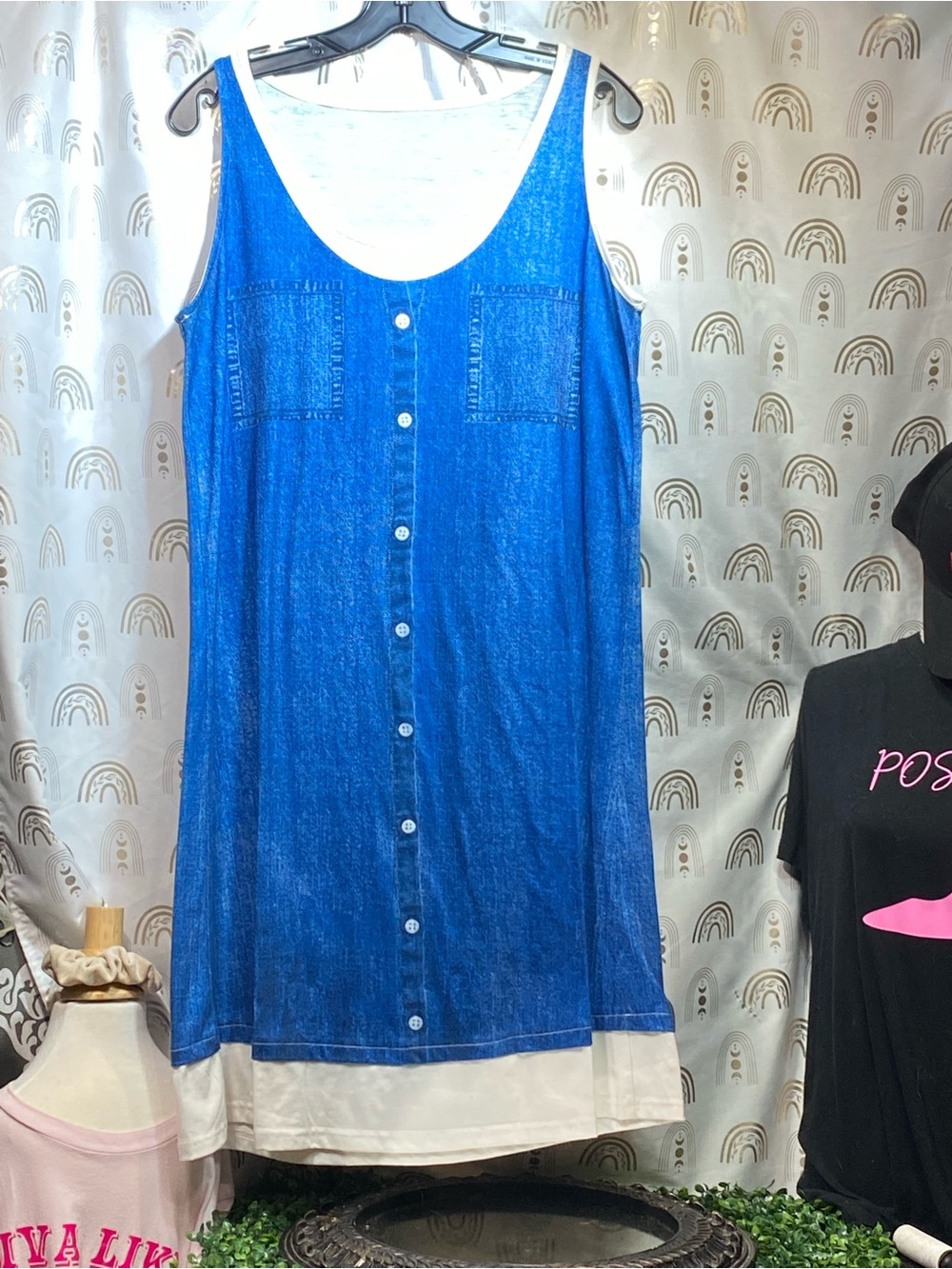 Blue Sleeveless Button-Front Denim-Effect Dress